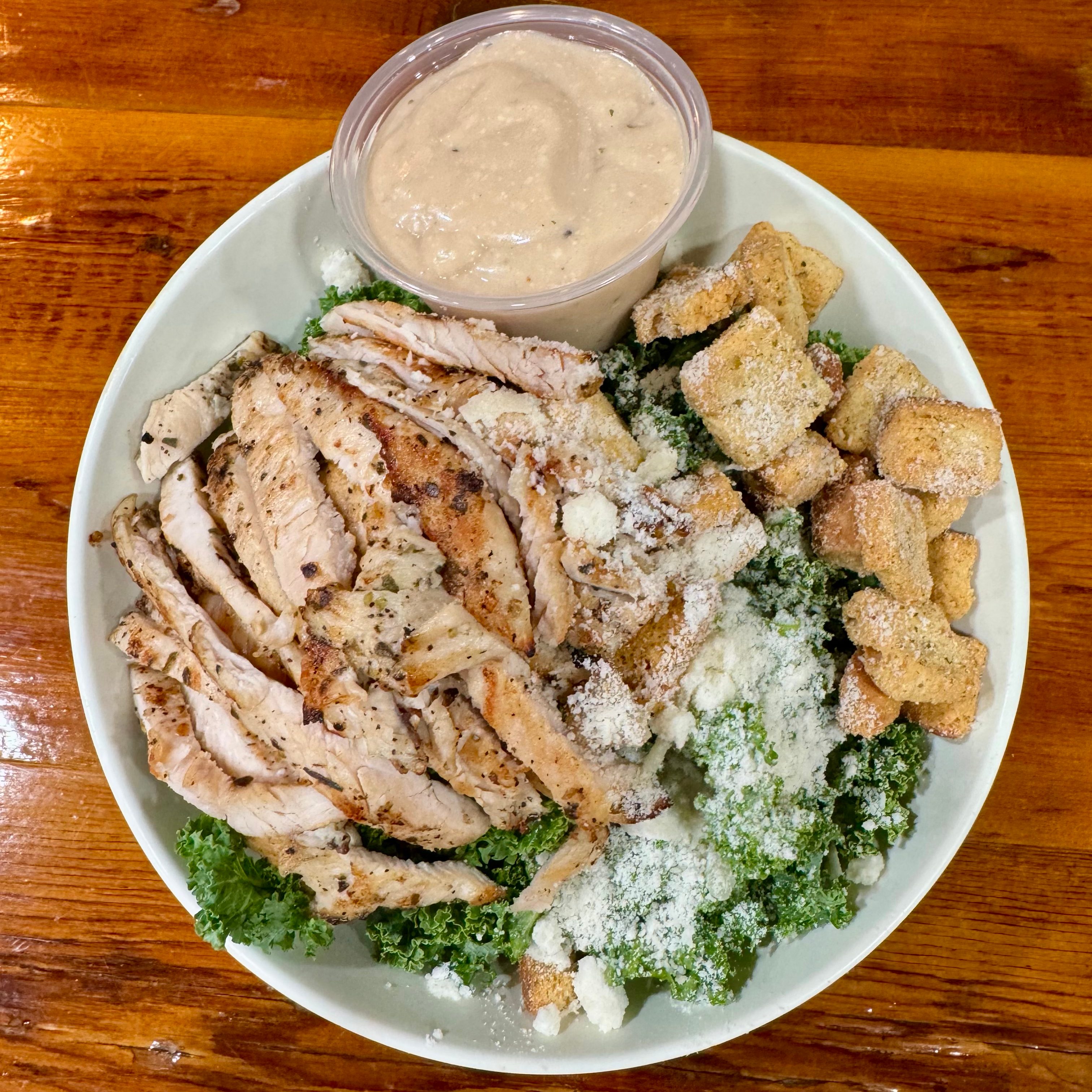Chopped Kale Chicken Caesar Salad.