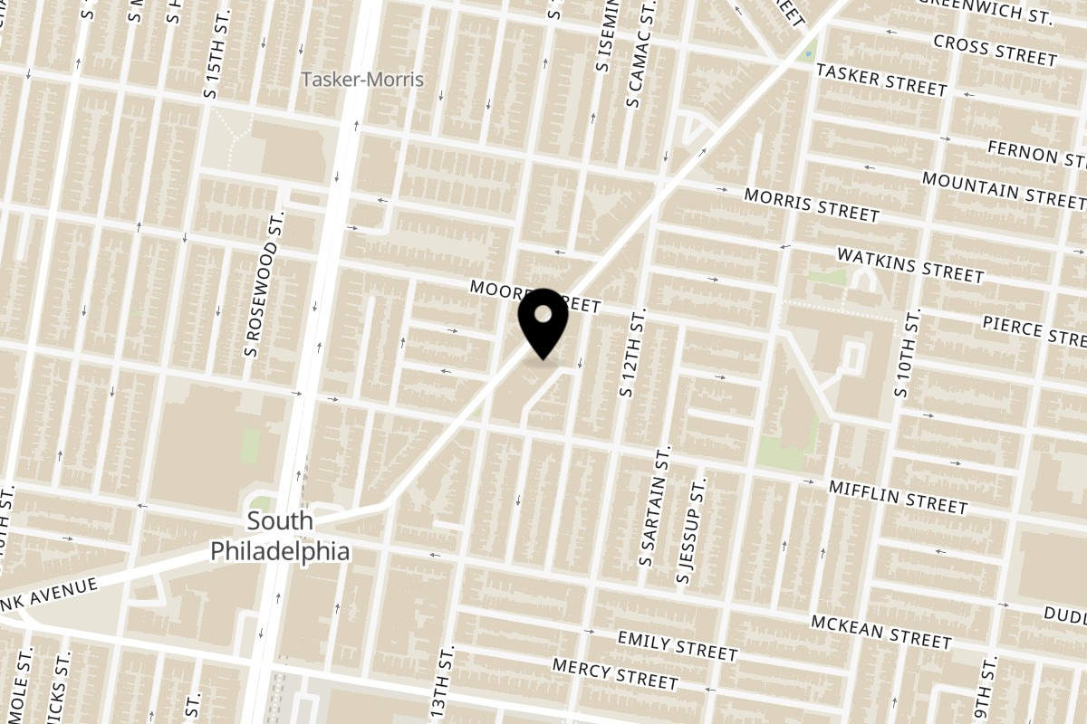 Map showing the location of P'unk Burger on 1823 E. Passyunk Ave in Philadelphia
